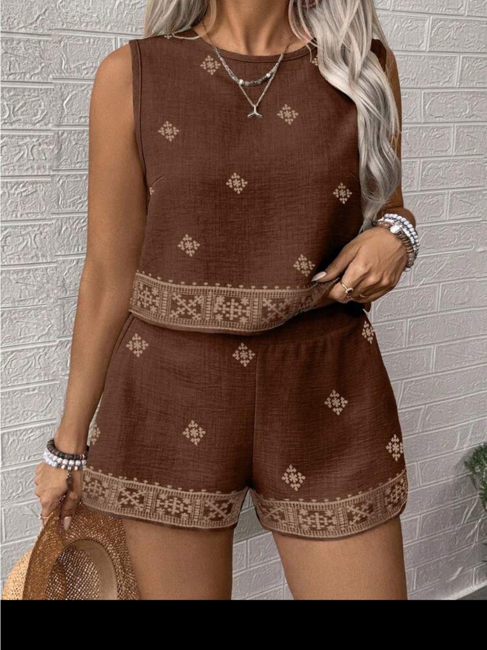 Women’s Brown Sleeveless Tank Top with Embroidered Trim